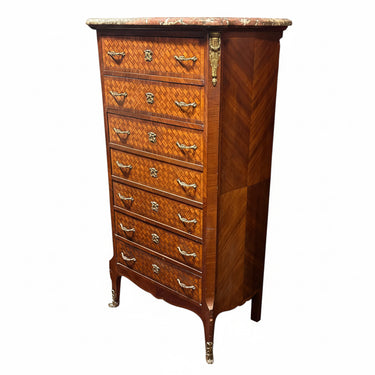 Chiffonier secretaire francés estilo Luis XV bombé cajones en parquetería bronce y cubierta de mármol Bucarest Art & Antiques