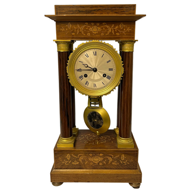 Reloj francés estilo portique de madera y bronce marquetería floral Bucarest Art & Antiques