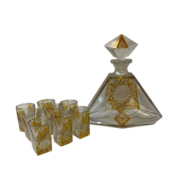 Licorera y vasos octogonales de Cristal de Bohemia decoración ambar principios s.XX Bucarest Art & Antiques