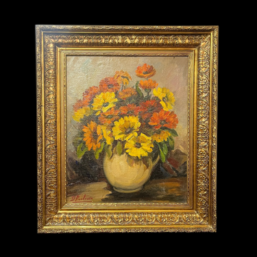 Dora Puelma - Óleo sobre tela naturaleza muerta 'Gerberas amarillas y naranjas' Bucarest Art & Antiques