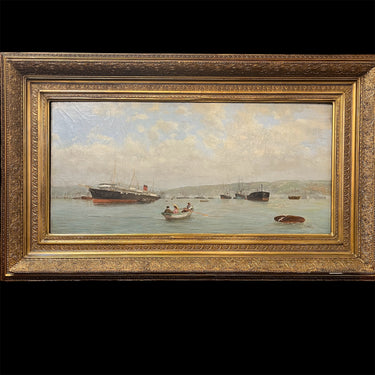 Vidal - Óleo sobre tela 'Paisaje marino con buques y botes' Bucarest Art & Antiques