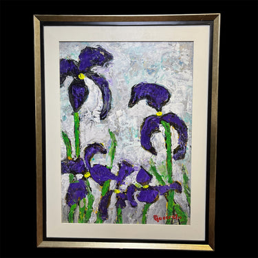 Vittorio Queirolo - Acrílico sobre cartón 'Lirios morados y cielo nublado' Bucarest Art & Antiques