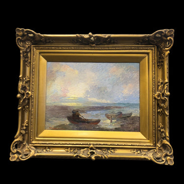 Arturo Gordon - Óleo sobre cartón 'Paisaje con barcos al amanecer' Bucarest Art & Antiques