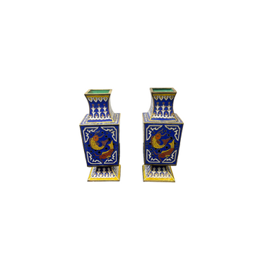Foto de presentación mejorada — Pareja pequeños jarrones de bronce esmalte cloisonné azul s.XX