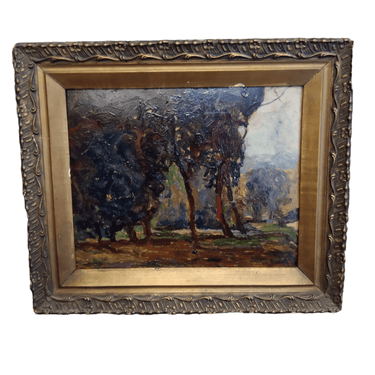 Calvo - Óleo sobre madera 'Paisaje con bosque de reflejos rojos' Temporada26