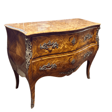 Cómoda estilo Luis XV mármol tonos naranjos con marquetería Bucarest Art & Antiques