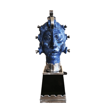 Figura mexicana Cabeza de piedra sodalita con plata base obsidiana Ezequiel Tapia Colección Exclusiva