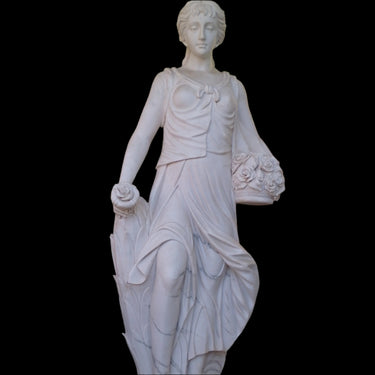 Gran escultura mujer, espigas y canasto de flores en mármol Bucarest Art & Antiques