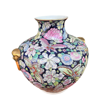 Jarrón porcelana china Famille Noir Mariposas y flores Bucarest Art & Antiques
