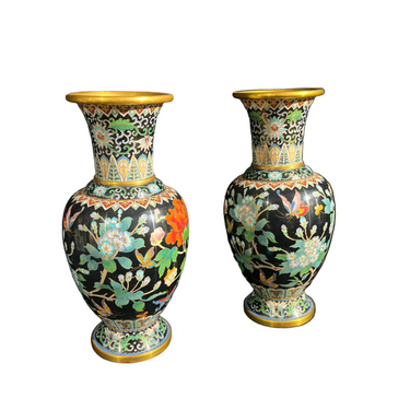 Jarrones cloissoné chinos bronce y diseño floral noire Bucarest Art & Antiques