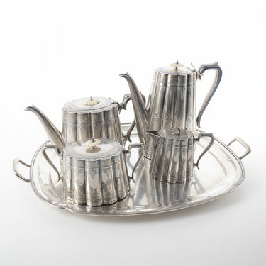 Juego de té de plaqué inglés Sheffield pre Art Nouveau con aislantes de marfil y bandeja de plaqué 5 piezas Bucarest Art & Antiques