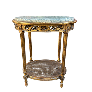 Mesa de apoyo francesa Luis XVI tallado en dorado enjuncado y cubierta de mármol verde veteado Bucarest Art & Antiques