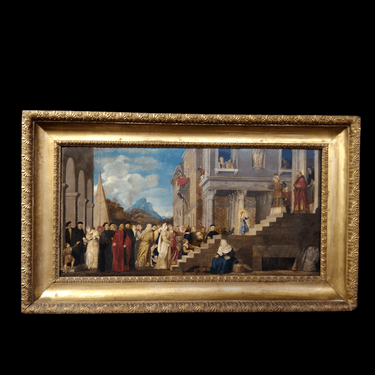 Reproducción El Tiziano - Óleo sobre madera 'La presentación de la virgen en el templo' Escuela italiana 1800. Consignación