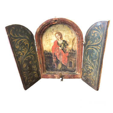 Tríptico religioso en madera policromada representación de la Virgen Bucarest Art & Antiques