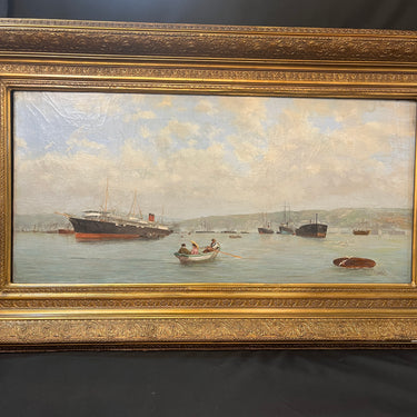Vidal - Óleo sobre tela 'Paisaje marino con buques y botes' Bucarest Art & Antiques