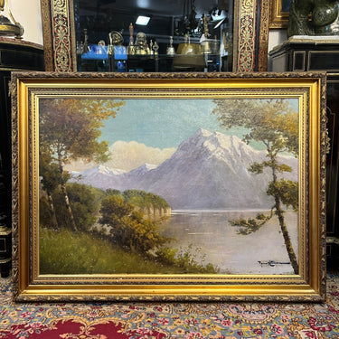 Benito Ramos Catalán - Óleo sobre tela 'Bosque nativo, lago y cordillera'