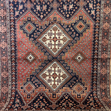 Alfombra Iraní Afshar en lana sedosa tonos rojos y azules 80x146cm