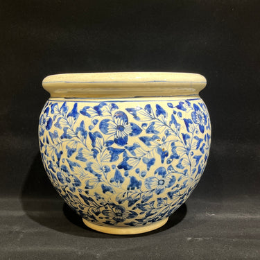Jardinera de cerámica con ilustración floral azul mediados s.XX
