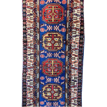Alfombra pasillo Iraní Kazak tonos rojo, azul, amarillo 260cm x 80cm