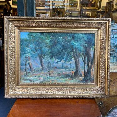 Firma ilegible- Óleo sobre tela 'Pareja en el bosque' Bucarest Art & Antiques