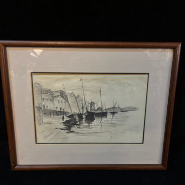 J.C - Grafito sobre papel ‘Botes amarrados’ Bucarest Art & Antiques