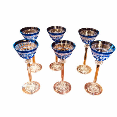 Juego de 6 copas Cristal azul  licor talladas Bucarest Art Gallery