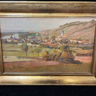 Leon Peltier(1843- 1912) Oleo 'Paisaje de pueblo al borde de un río' Colección Exclusiva