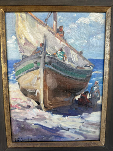 Rodríguez St. Clement - Óleo sobre tela ‘Velero en orilla de playa’ Bucarest Art & Antiques